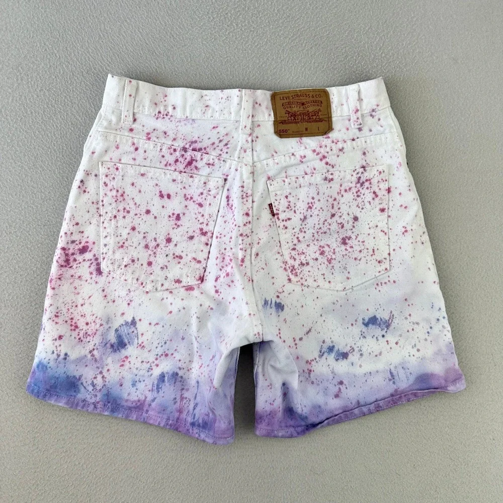 VTG Levi's 550 Relaxed Fit Shorts Women 11 White Tie Dye Splatter‎ Denim 90s USA
